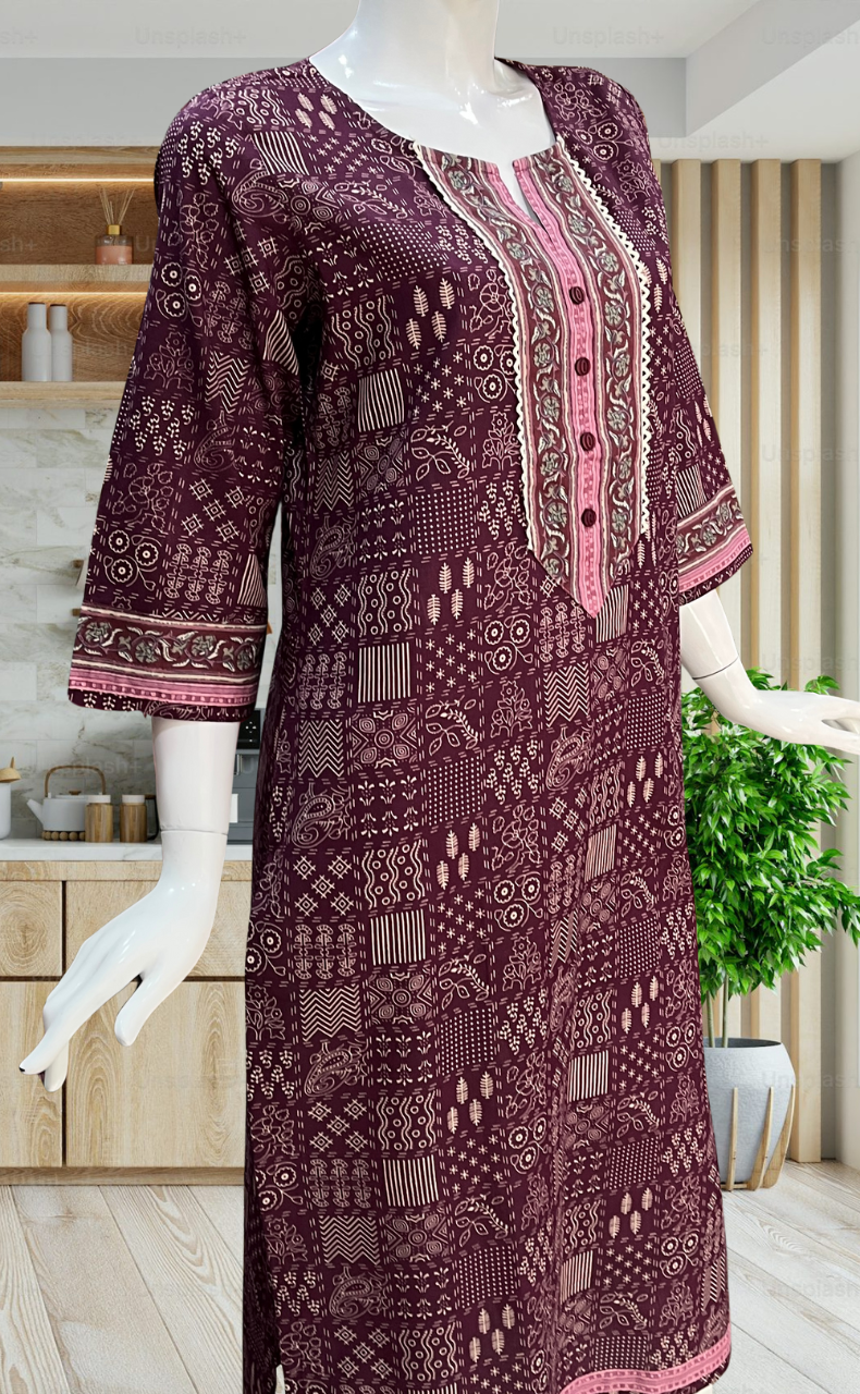 Dark Wine Ethnic Print Jaipuri Cotton Kurti. Pure Versatile Cotton. | Laces and Frills - Laces and Frills