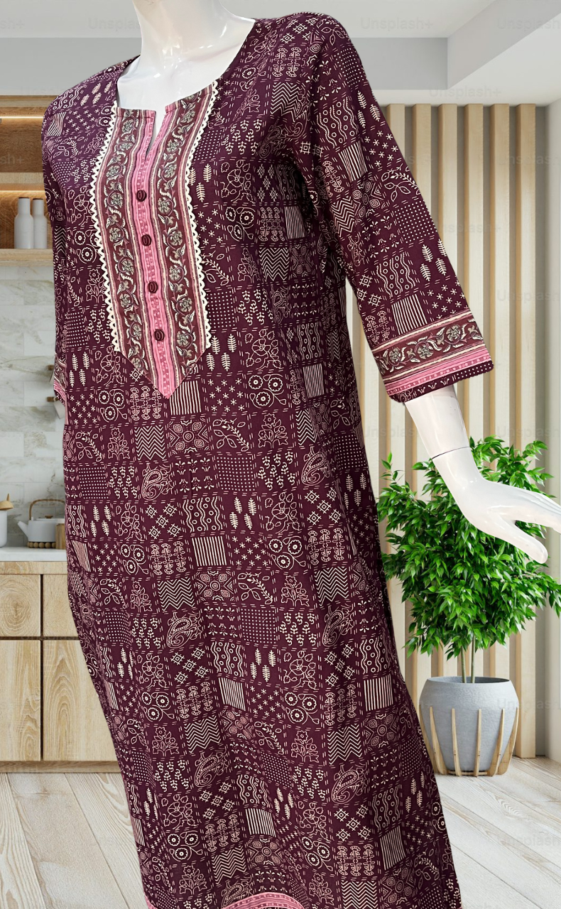 Dark Wine Ethnic Print Jaipuri Cotton Kurti. Pure Versatile Cotton. | Laces and Frills - Laces and Frills