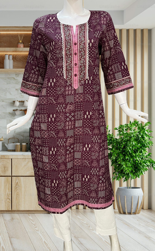 Dark Wine Ethnic Print Jaipuri Cotton Kurti. Pure Versatile Cotton. | Laces and Frills - Laces and Frills