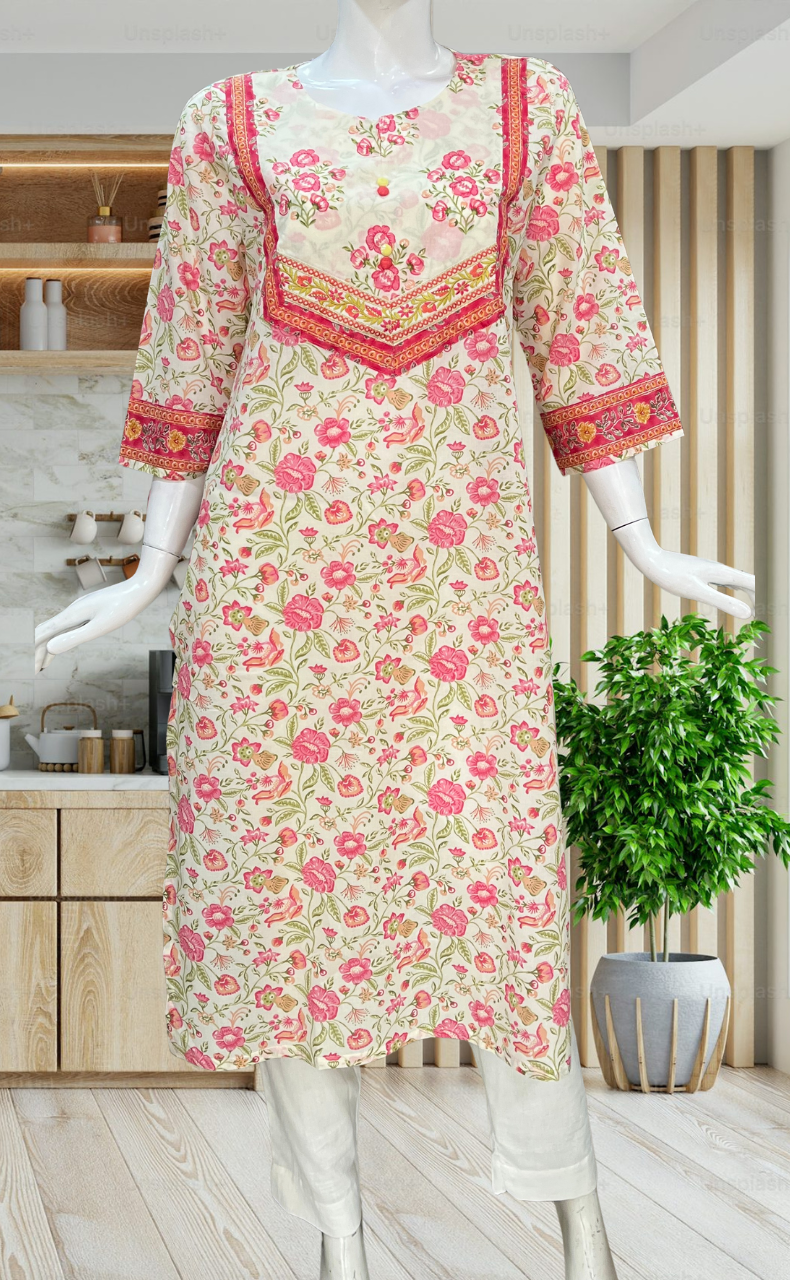 Off White/Pink Garden Jaipuri Cotton Kurti. Pure Versatile Cotton. | Laces and Frills - Laces and Frills