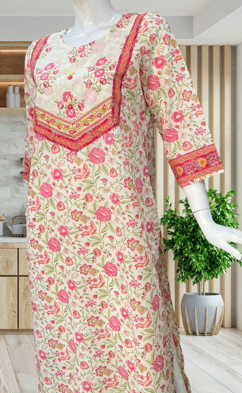 Off White/Pink Garden Jaipuri Cotton Kurti. Pure Versatile Cotton. | Laces and Frills - Laces and Frills