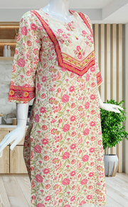 Off White/Pink Garden Jaipuri Cotton Kurti. Pure Versatile Cotton. | Laces and Frills - Laces and Frills