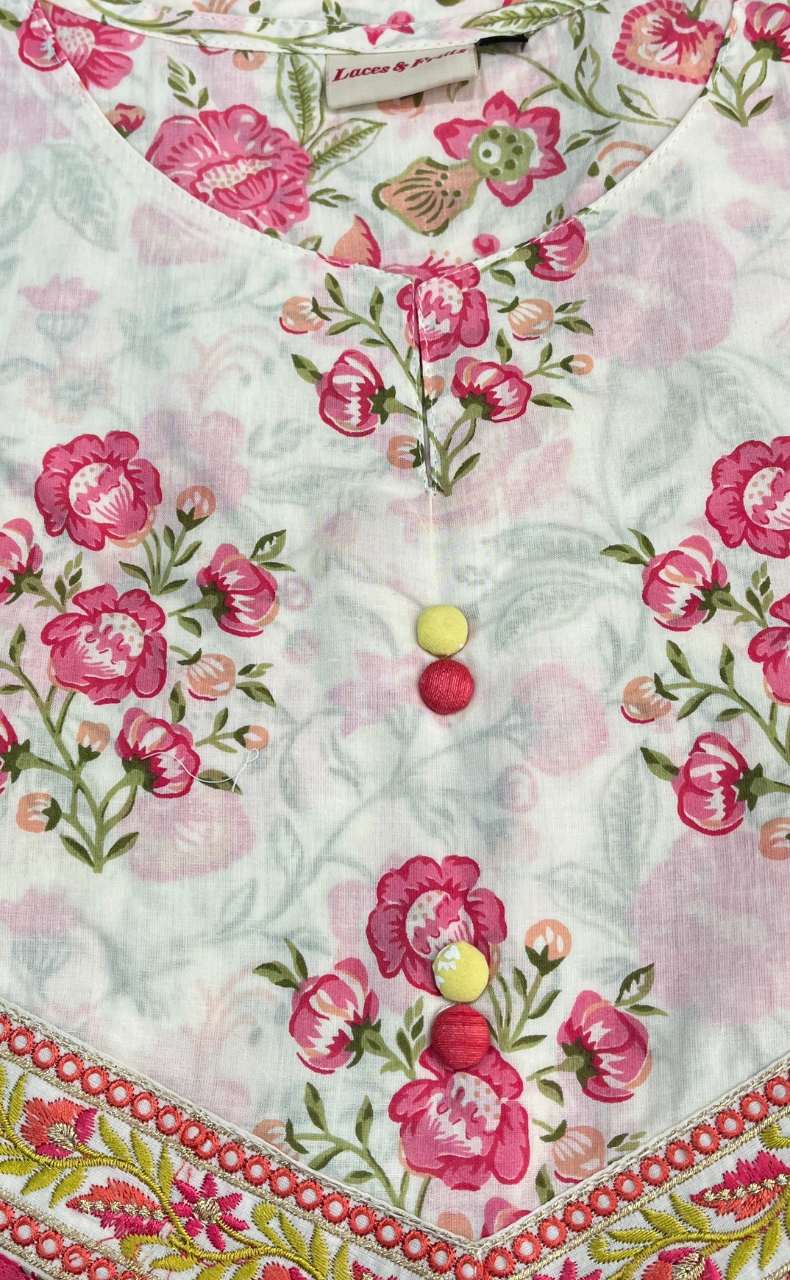 Off White/Pink Garden Jaipuri Cotton Kurti. Pure Versatile Cotton. | Laces and Frills - Laces and Frills