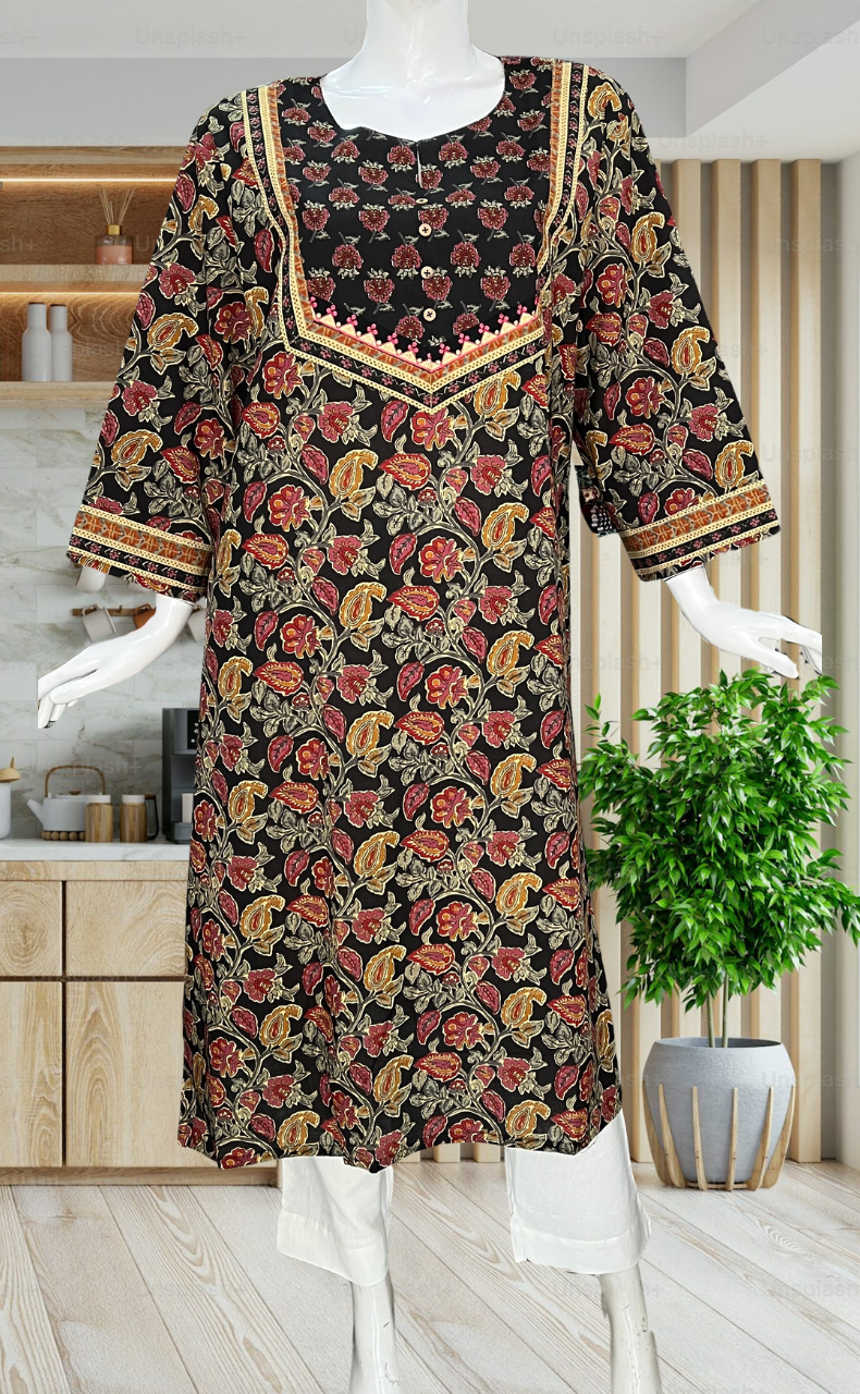 Black Garden Jaipuri Cotton Kurti. Pure Versatile Cotton. | Laces and Frills - Laces and Frills