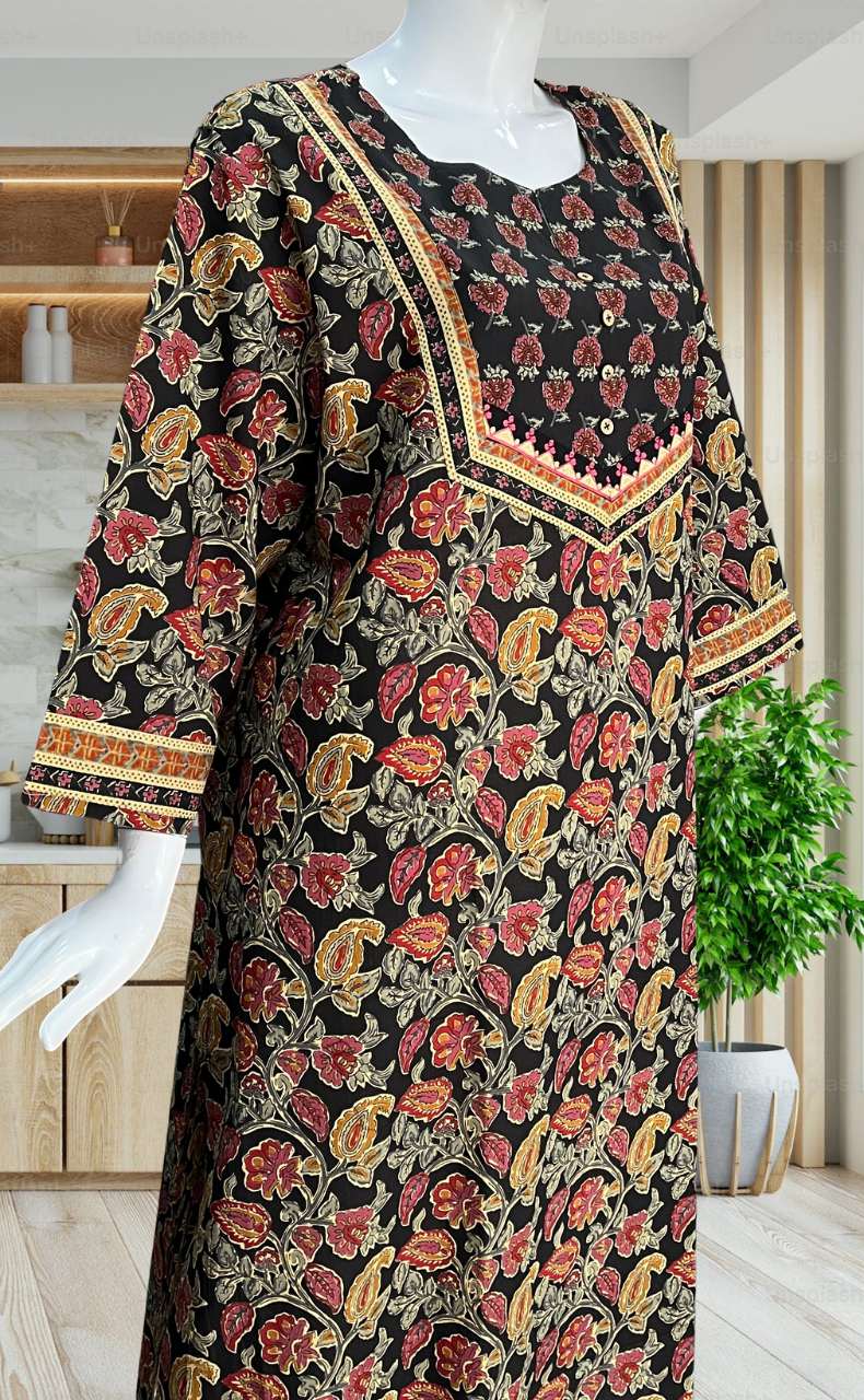 Black Garden Jaipuri Cotton Kurti. Pure Versatile Cotton. | Laces and Frills - Laces and Frills