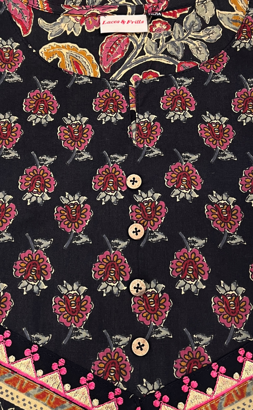 Black Garden Jaipuri Cotton Kurti. Pure Versatile Cotton. | Laces and Frills - Laces and Frills