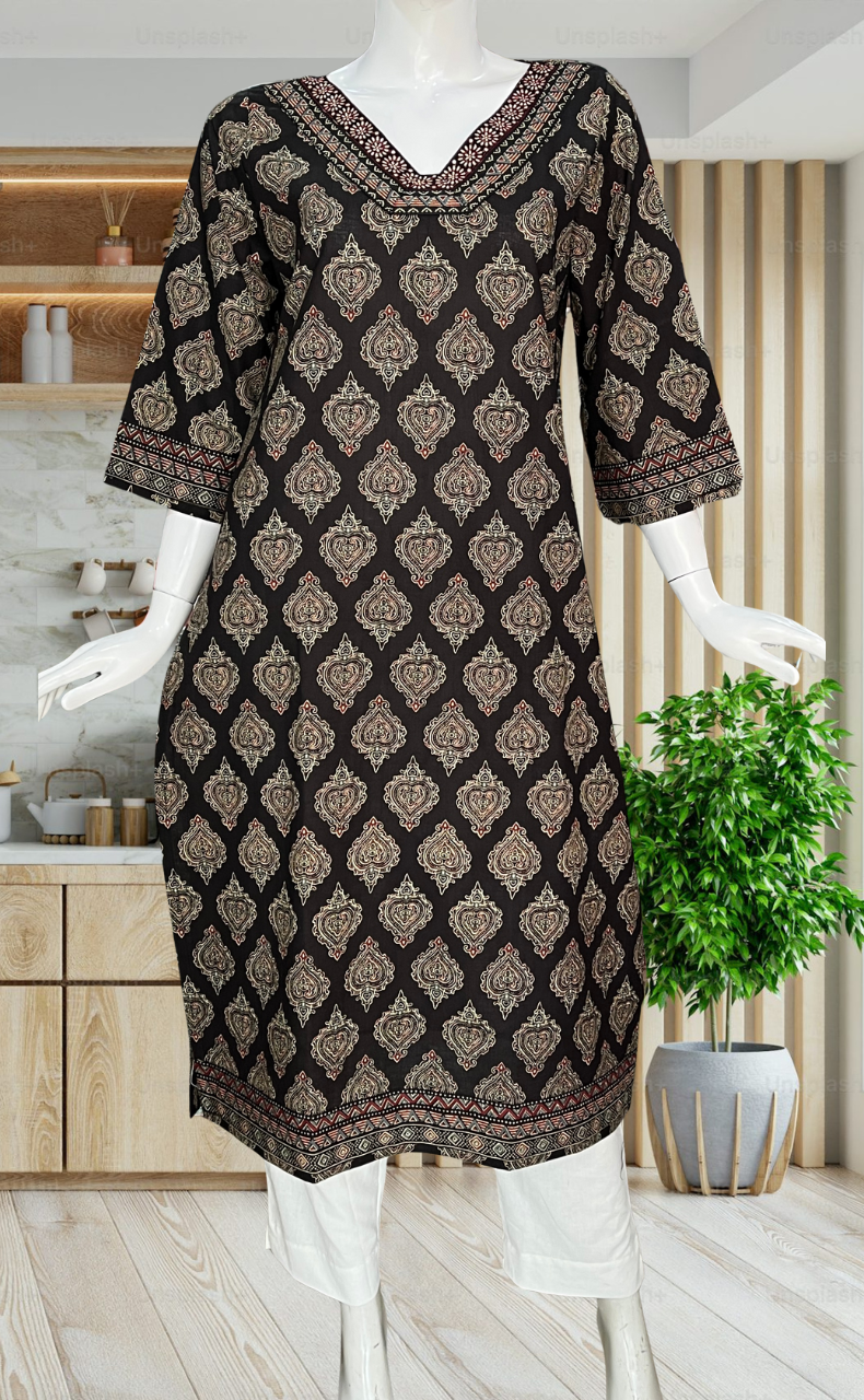 Black Ethnic Print Jaipuri Cotton Kurti. Pure Versatile Cotton. | Laces and Frills - Laces and Frills