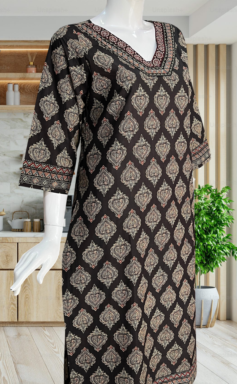Black Ethnic Print Jaipuri Cotton Kurti. Pure Versatile Cotton. | Laces and Frills - Laces and Frills