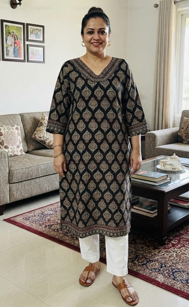 Black Ethnic Print Jaipuri Cotton Kurti. Pure Versatile Cotton. | Laces and Frills