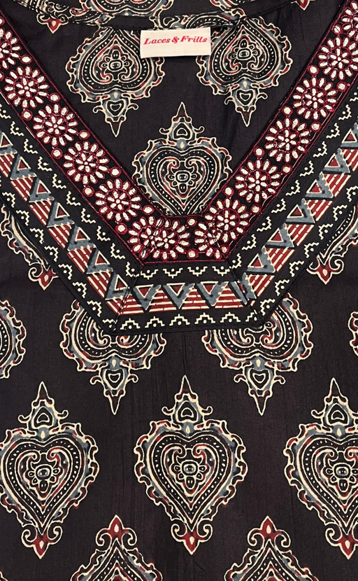 Black Ethnic Print Jaipuri Cotton Kurti. Pure Versatile Cotton. | Laces and Frills - Laces and Frills