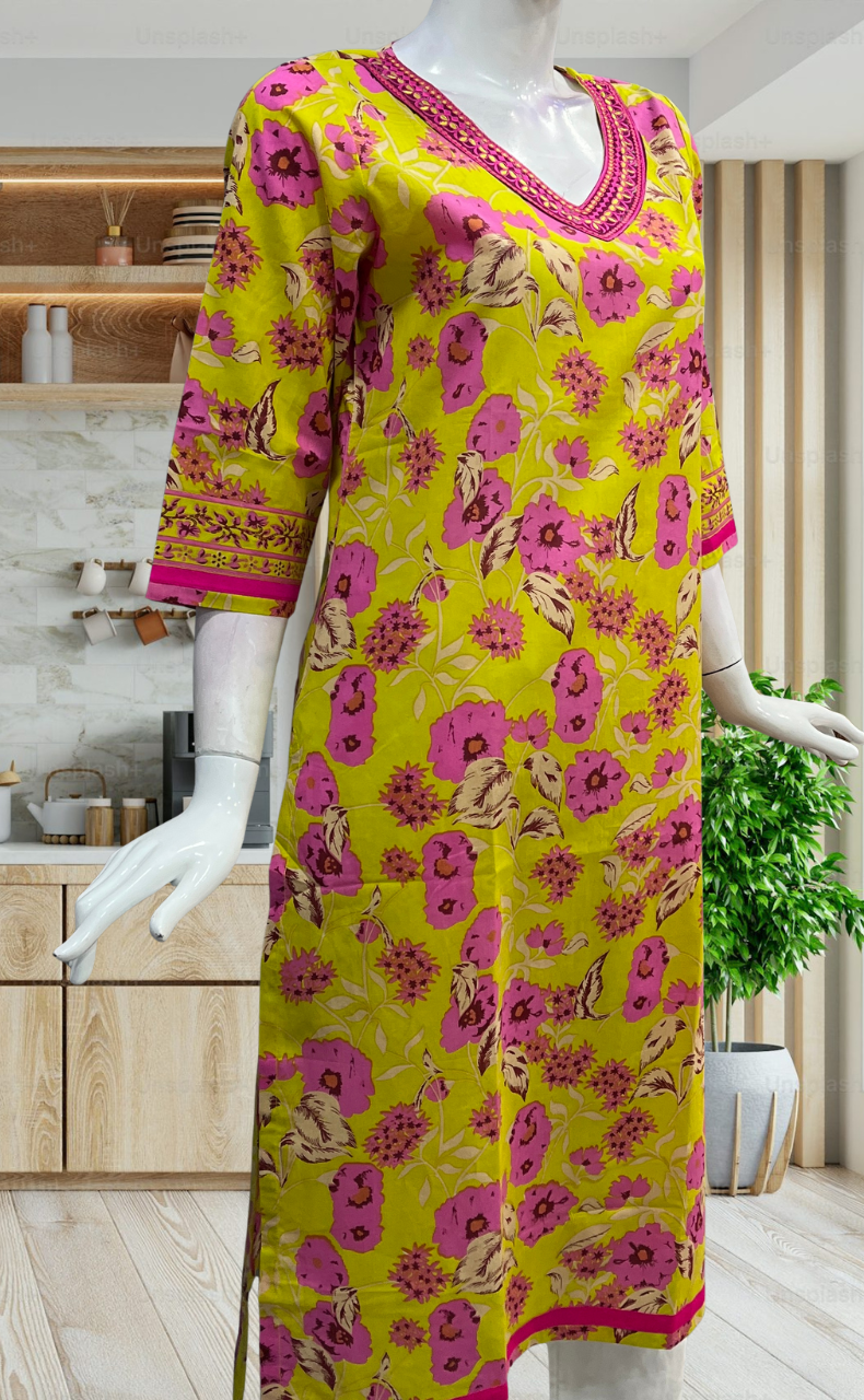 Yellow Garden Jaipuri Cotton Kurti. Pure Versatile Cotton. | Laces and Frills - Laces and Frills