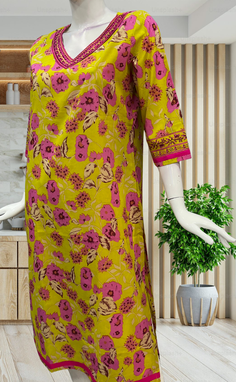 Yellow Garden Jaipuri Cotton Kurti. Pure Versatile Cotton. | Laces and Frills - Laces and Frills