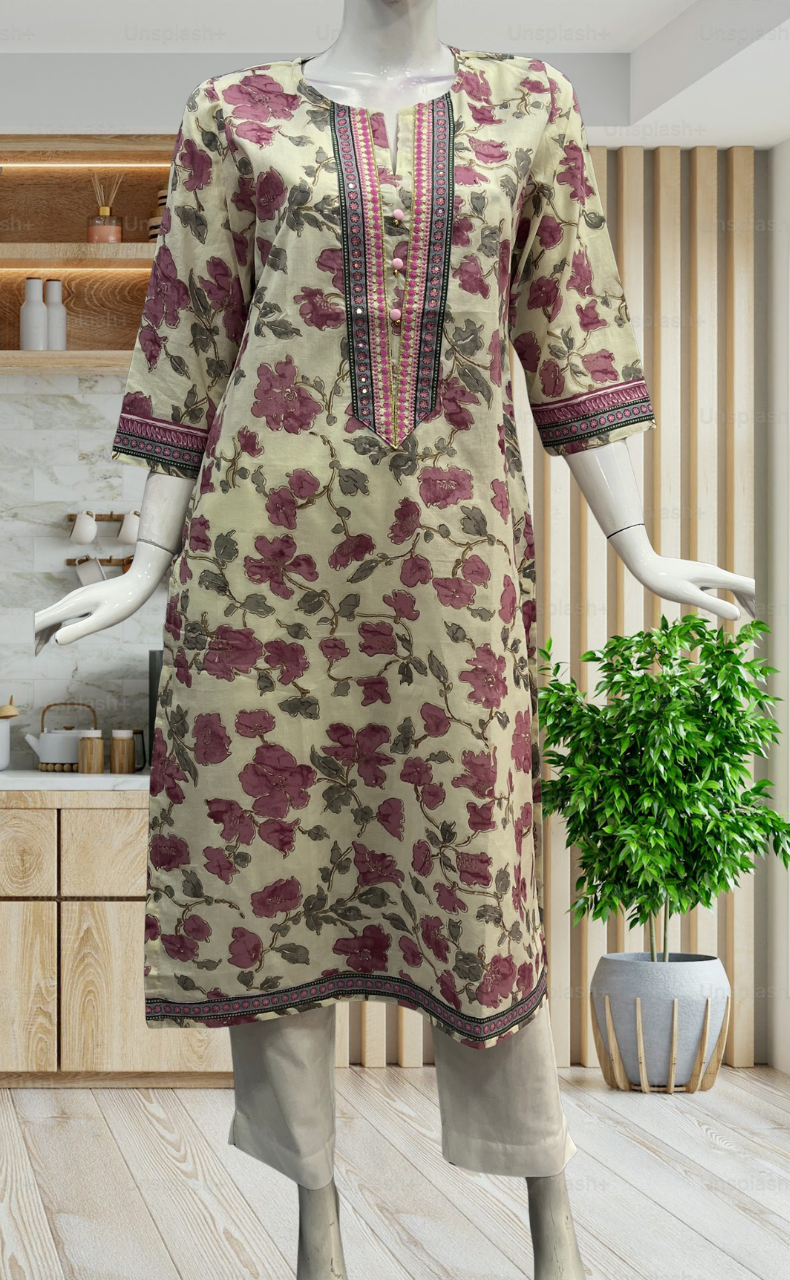 Off White/Pink Floral Jaipuri Cotton Kurti. Pure Versatile Cotton. | Laces and Frills - Laces and Frills