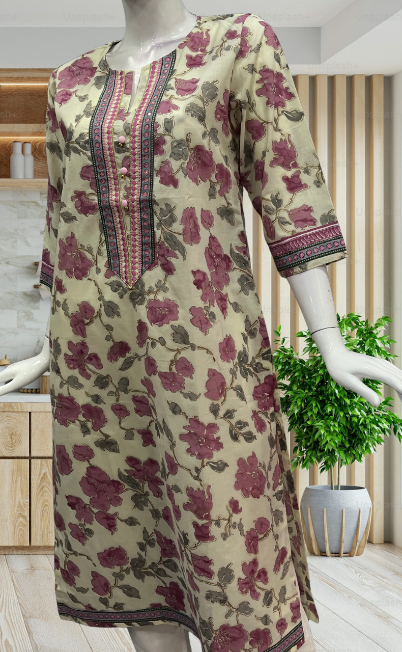 Off White/Pink Floral Jaipuri Cotton Kurti. Pure Versatile Cotton. | Laces and Frills - Laces and Frills