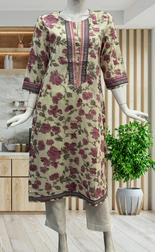 Off White/Pink Floral Jaipuri Cotton Kurti. Pure Versatile Cotton. | Laces and Frills - Laces and Frills