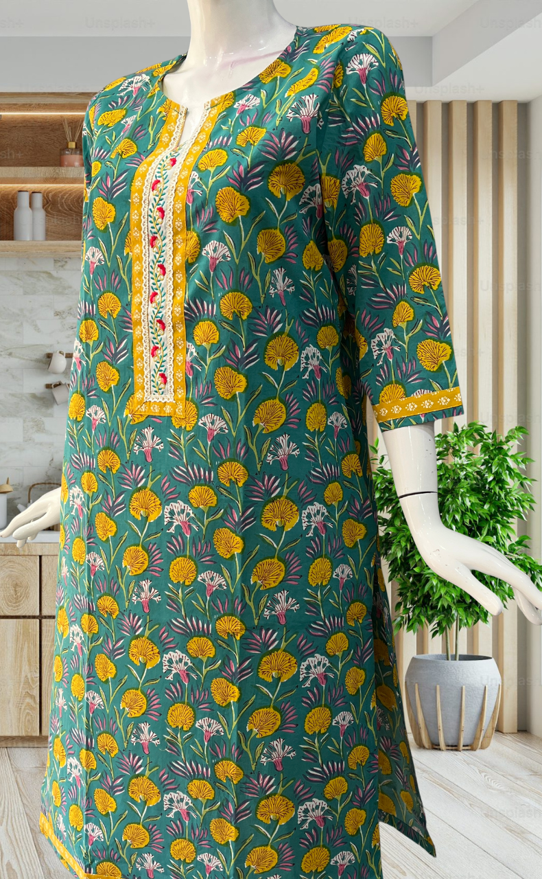 Sea Green Garden Jaipuri Cotton Kurti. Pure Versatile Cotton. | Laces and Frills - Laces and Frills