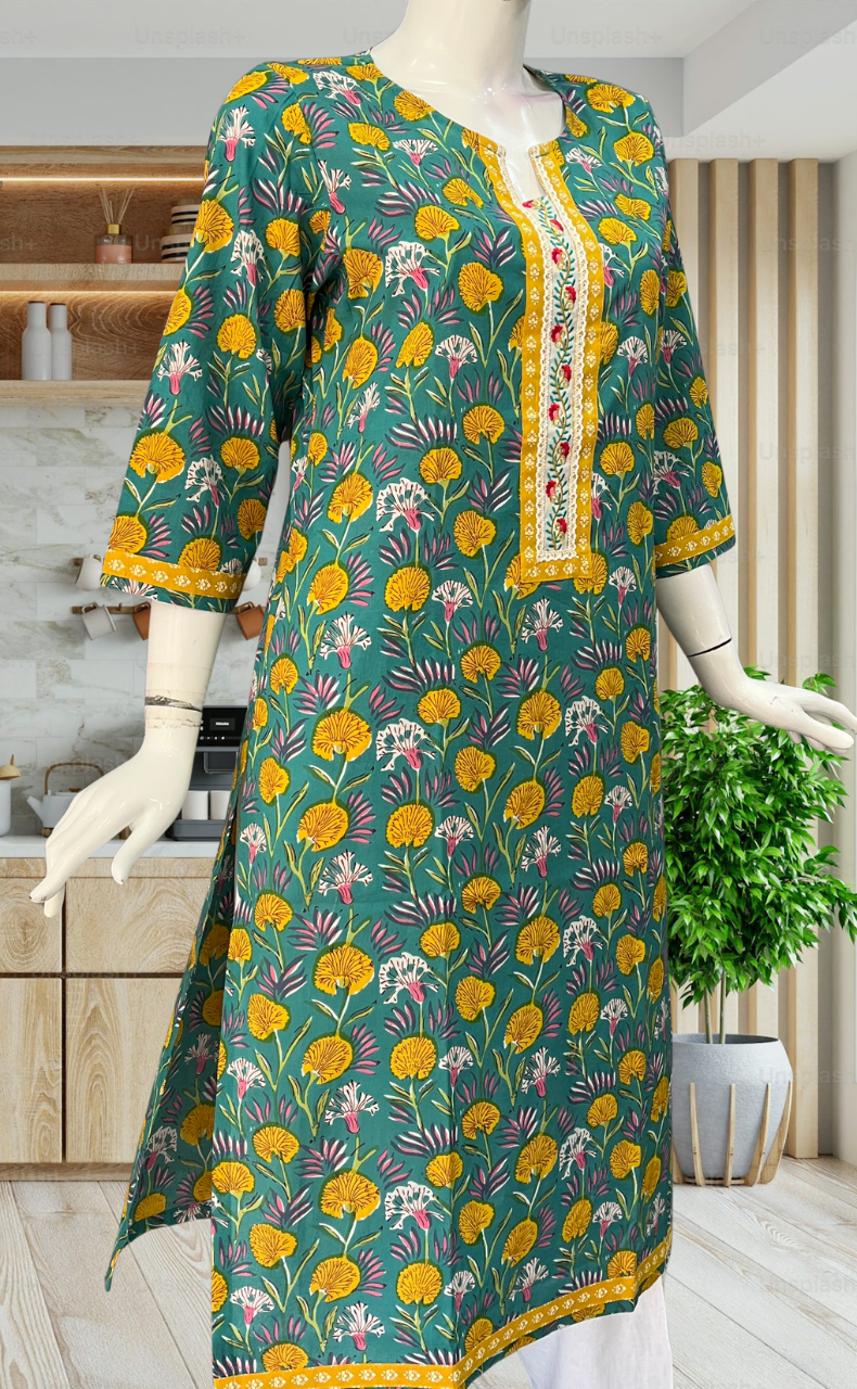 Sea Green Garden Jaipuri Cotton Kurti. Pure Versatile Cotton. | Laces and Frills - Laces and Frills