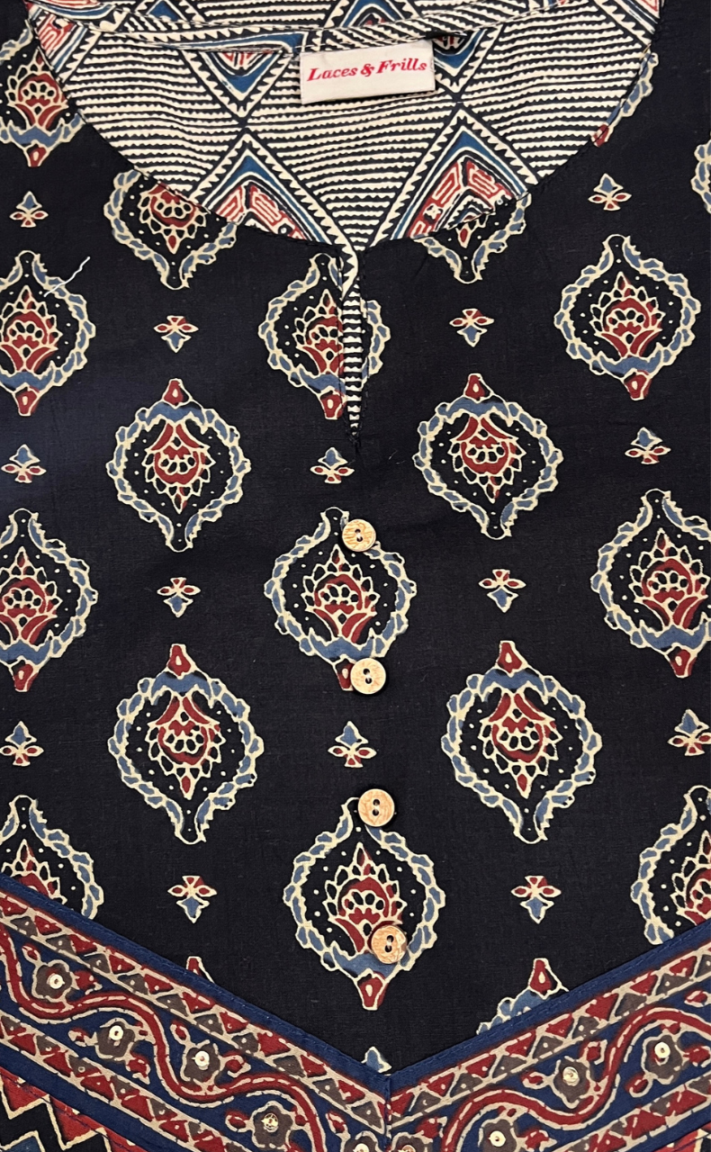 Black Abstract Jaipuri Cotton Kurti. Pure Versatile Cotton. | Laces and Frills - Laces and Frills