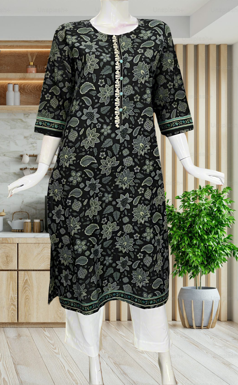 Black Garden Jaipuri Cotton Kurti. Pure Versatile Cotton. | Laces and Frills - Laces and Frills