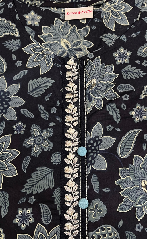 Black Garden Jaipuri Cotton Kurti. Pure Versatile Cotton. | Laces and Frills - Laces and Frills