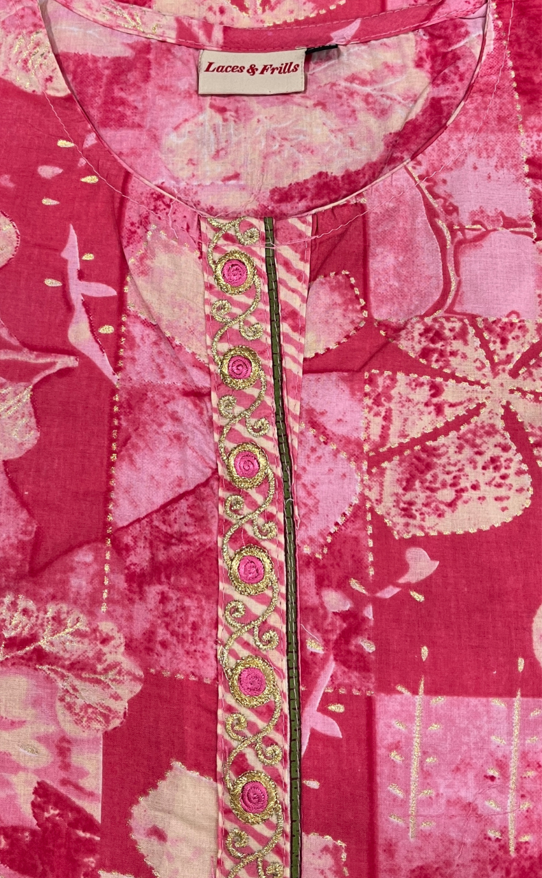 Pink Floral Jaipuri Cotton Kurti. Pure Versatile Cotton. | Laces and Frills - Laces and Frills