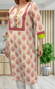 Light Pink/Red Floral Jaipuri Cotton Kurti. Pure Versatile Cotton. | Laces and Frills - Laces and Frills