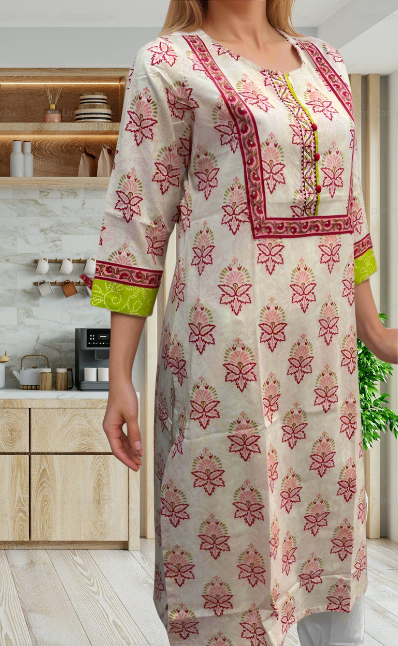 Light Pink/Red Floral Jaipuri Cotton Kurti. Pure Versatile Cotton. | Laces and Frills - Laces and Frills