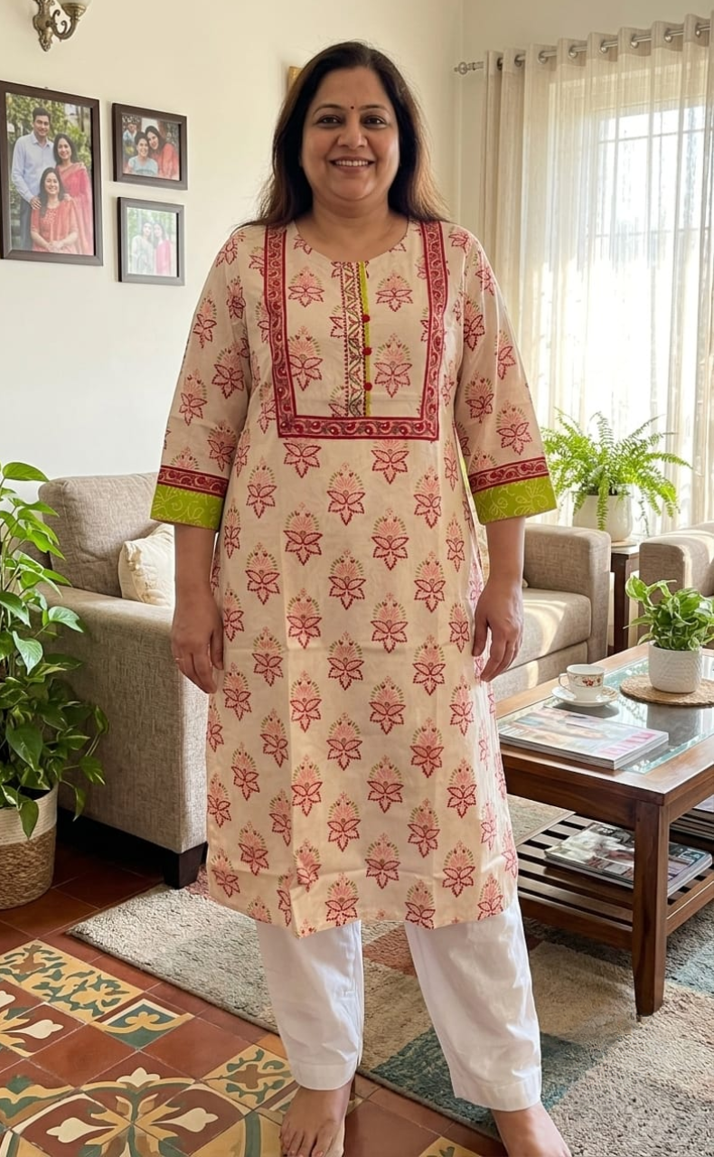 Light Pink Floral Jaipuri Cotton Kurti. Pure Versatile Cotton. | Laces and Frills