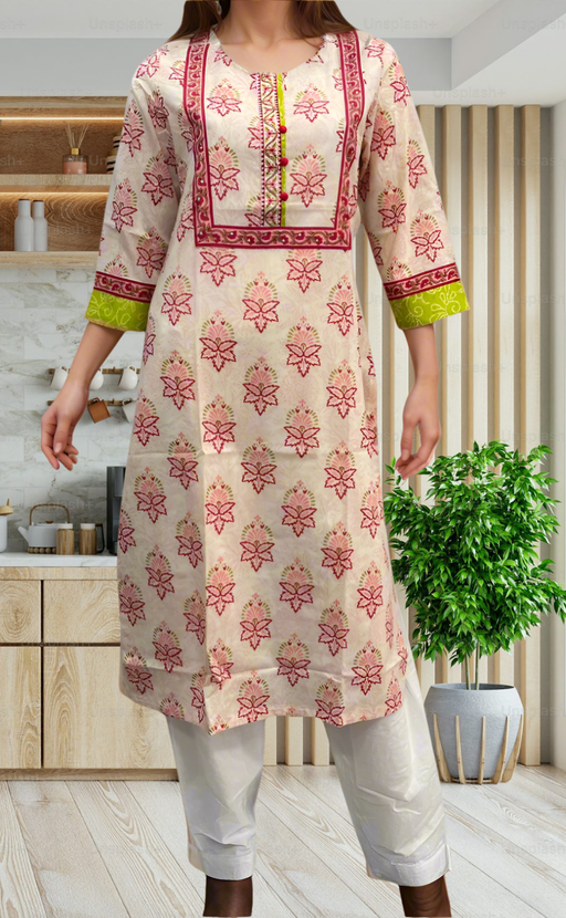Light Pink/Red Floral Jaipuri Cotton Kurti. Pure Versatile Cotton. | Laces and Frills - Laces and Frills