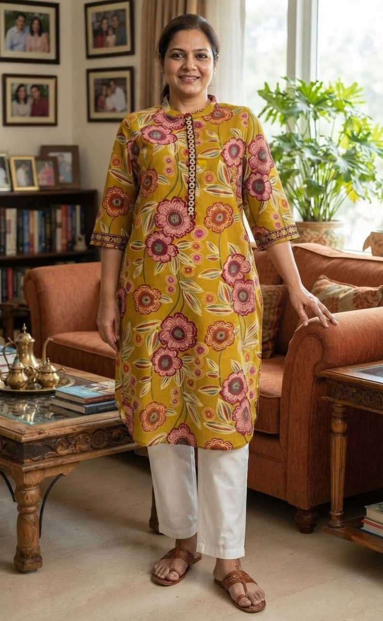 Yellow Garden Jaipuri Cotton Kurti. Pure Versatile Cotton. | Laces and Frills