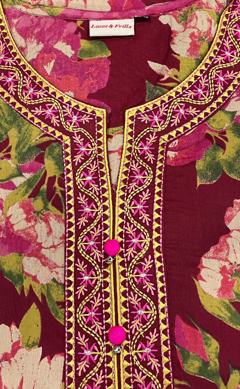 Maroon Garden Jaipuri Cotton Kurti. Pure Versatile Cotton. | Laces and Frills