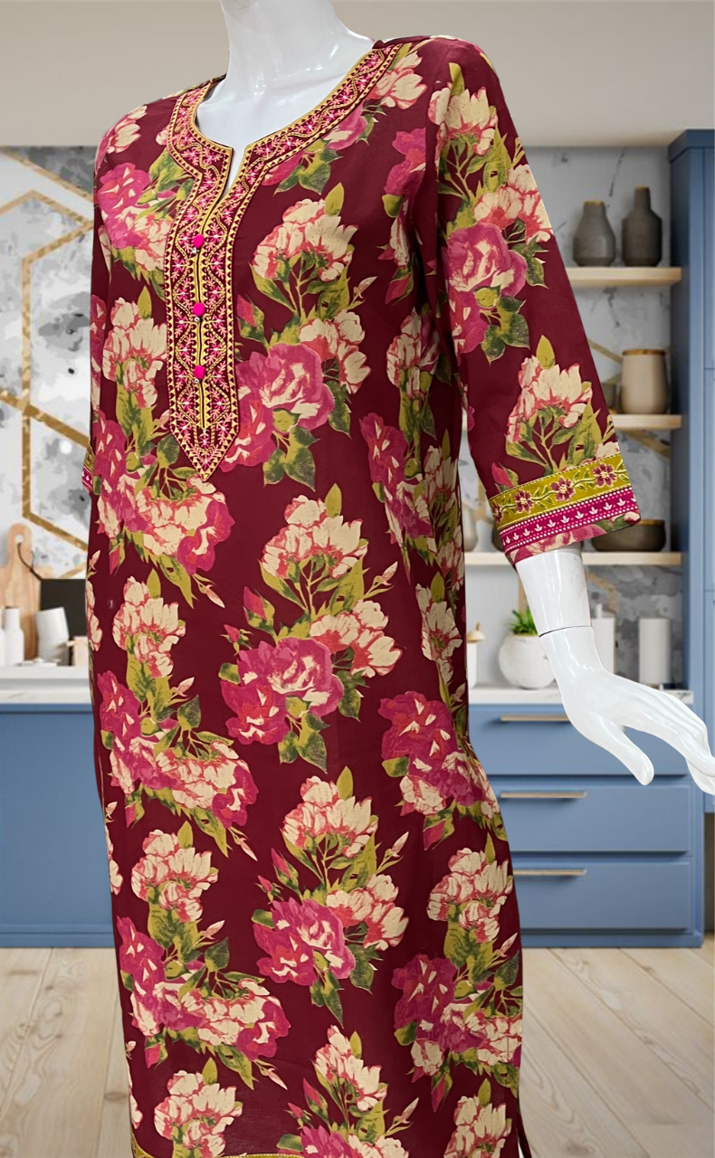 Maroon Garden Jaipuri Cotton Kurti. Pure Versatile Cotton. | Laces and Frills
