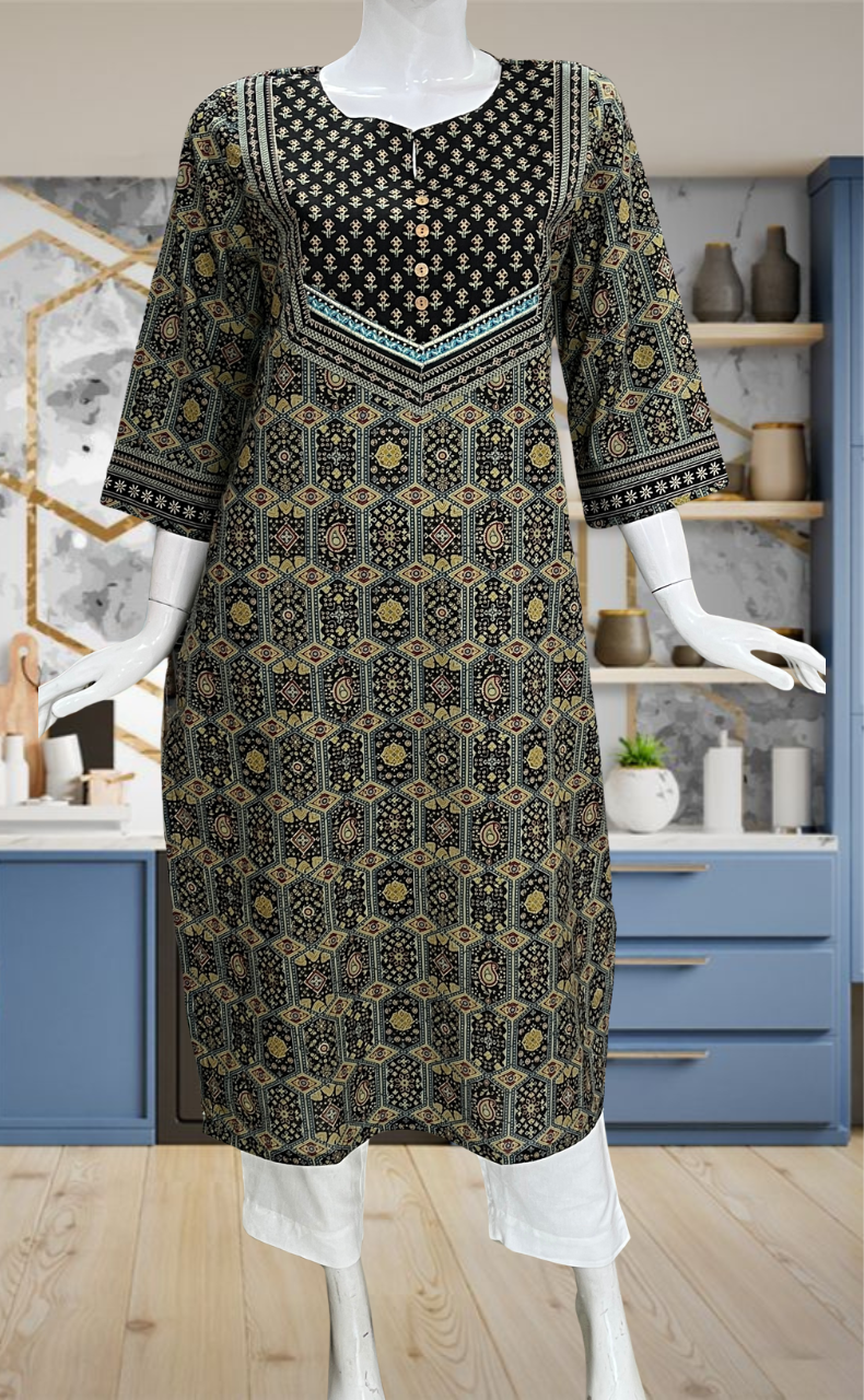 Black Ethnic Print Jaipuri Cotton Kurti. Pure Versatile Cotton. | Laces and Frills