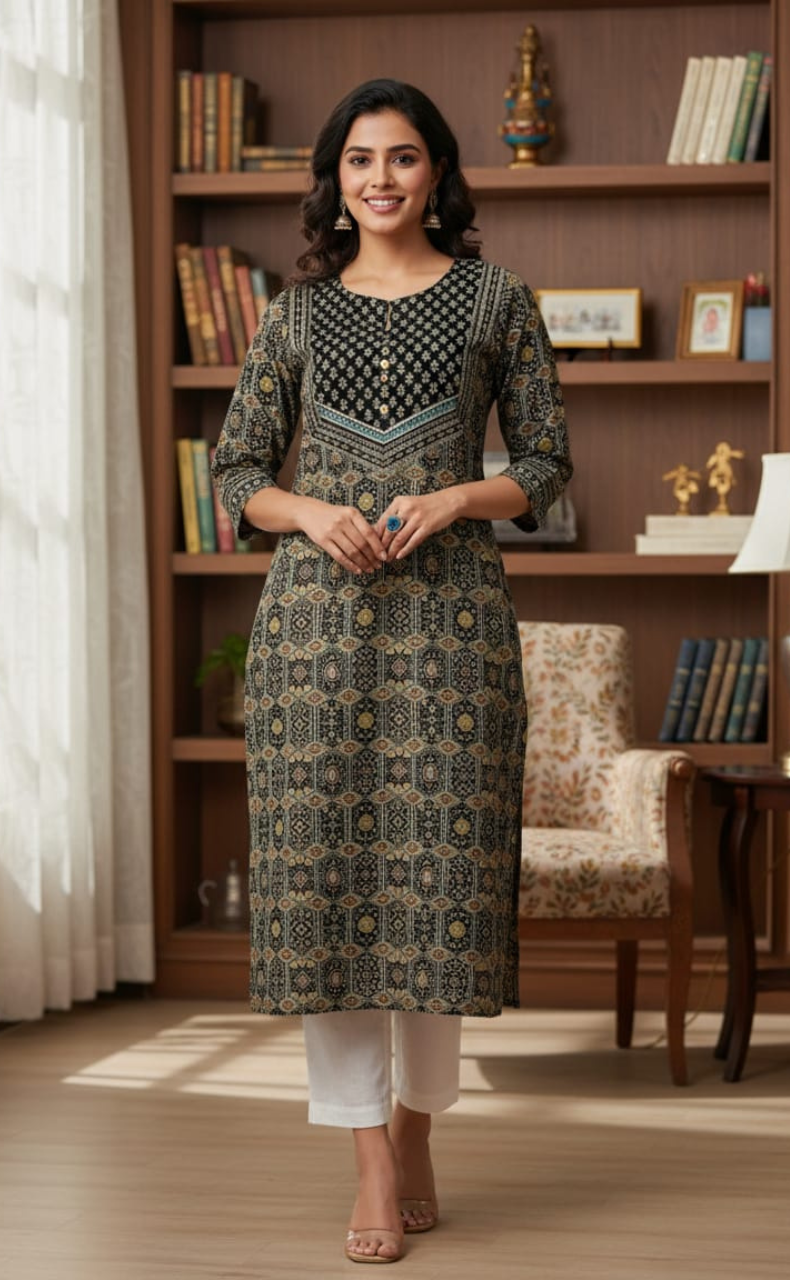 Black Ethnic Print Jaipuri Cotton Kurti. Pure Versatile Cotton. | Laces and Frills