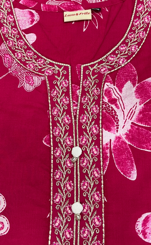 Rani Pink Floral Jaipuri Cotton Kurti. Pure Versatile Cotton. | Laces and Frills