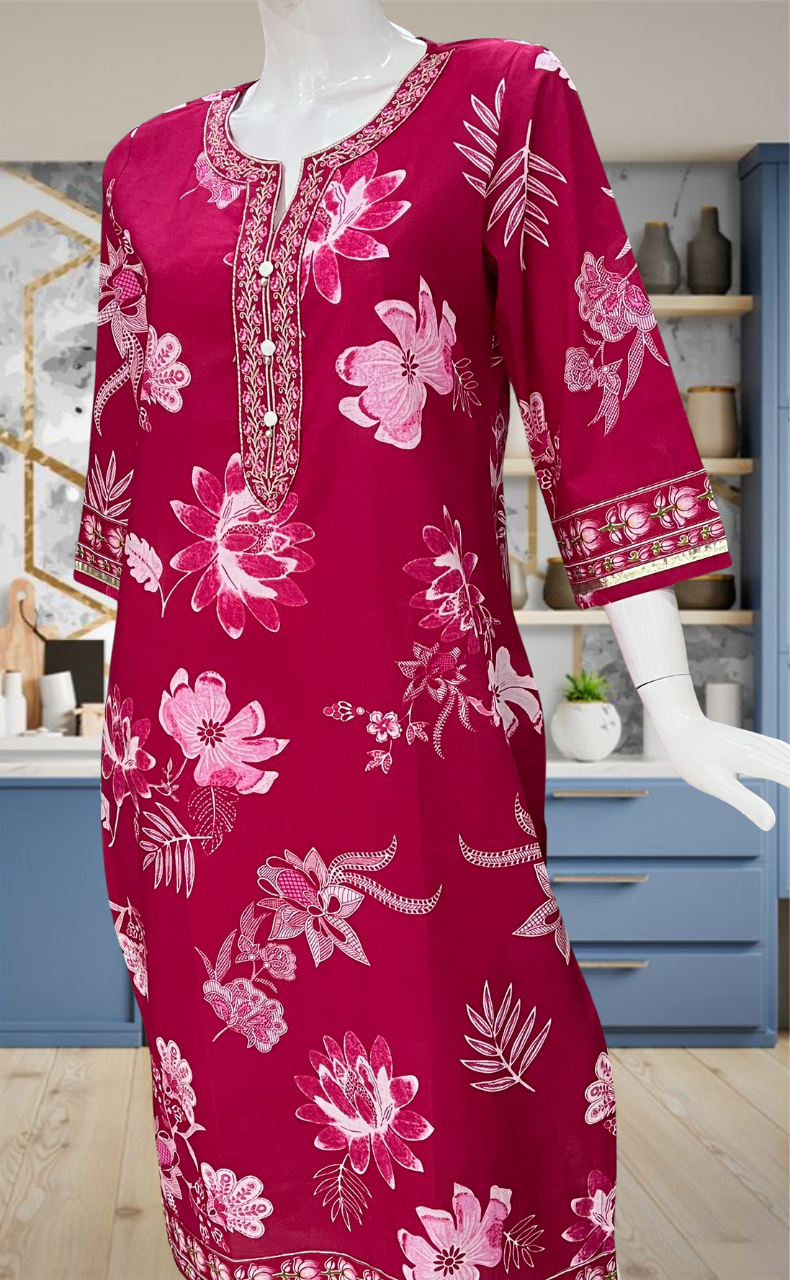 Rani Pink Floral Jaipuri Cotton Kurti. Pure Versatile Cotton. | Laces and Frills