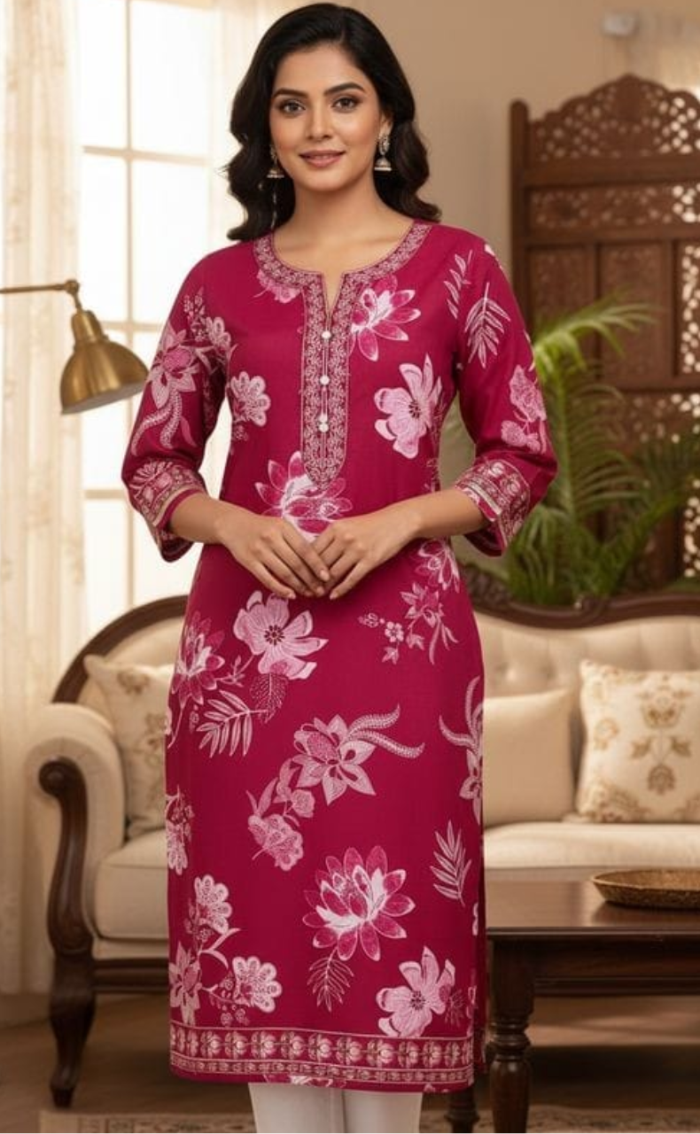 Rani Pink Floral Jaipuri Cotton Kurti. Pure Versatile Cotton. | Laces and Frills