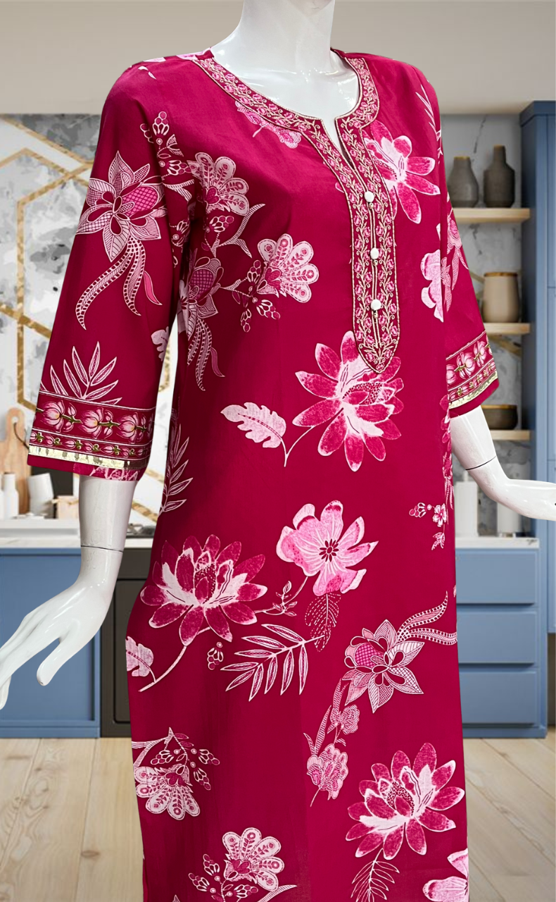 Rani Pink Floral Jaipuri Cotton Kurti. Pure Versatile Cotton. | Laces and Frills