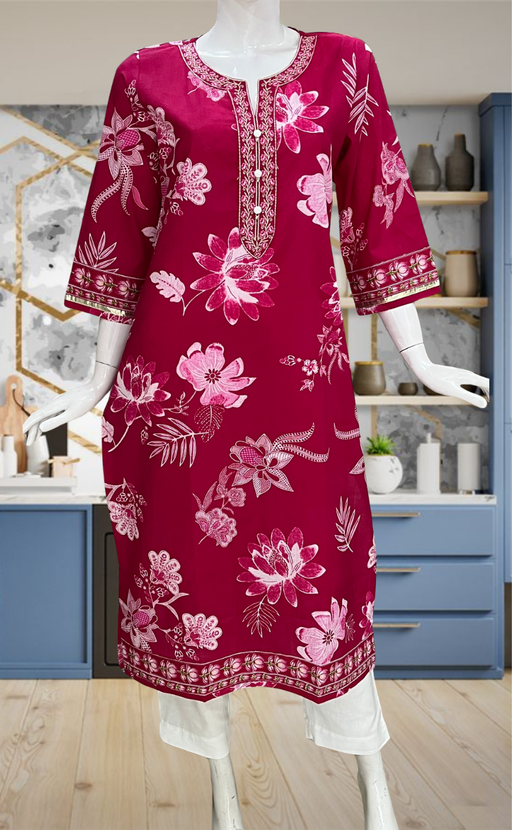 Rani Pink Floral Jaipuri Cotton Kurti. Pure Versatile Cotton. | Laces and Frills