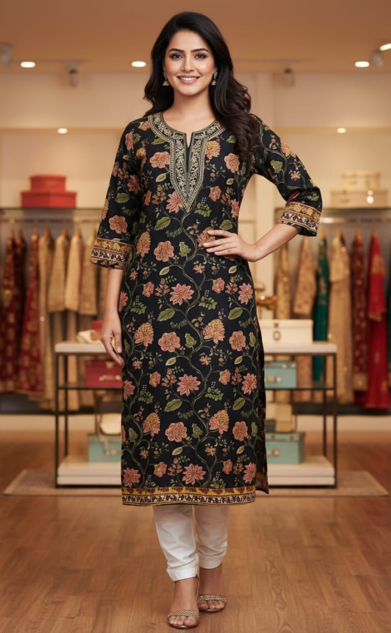 Black Garden Jaipuri Cotton Kurti. Pure Versatile Cotton. | Laces and Frills