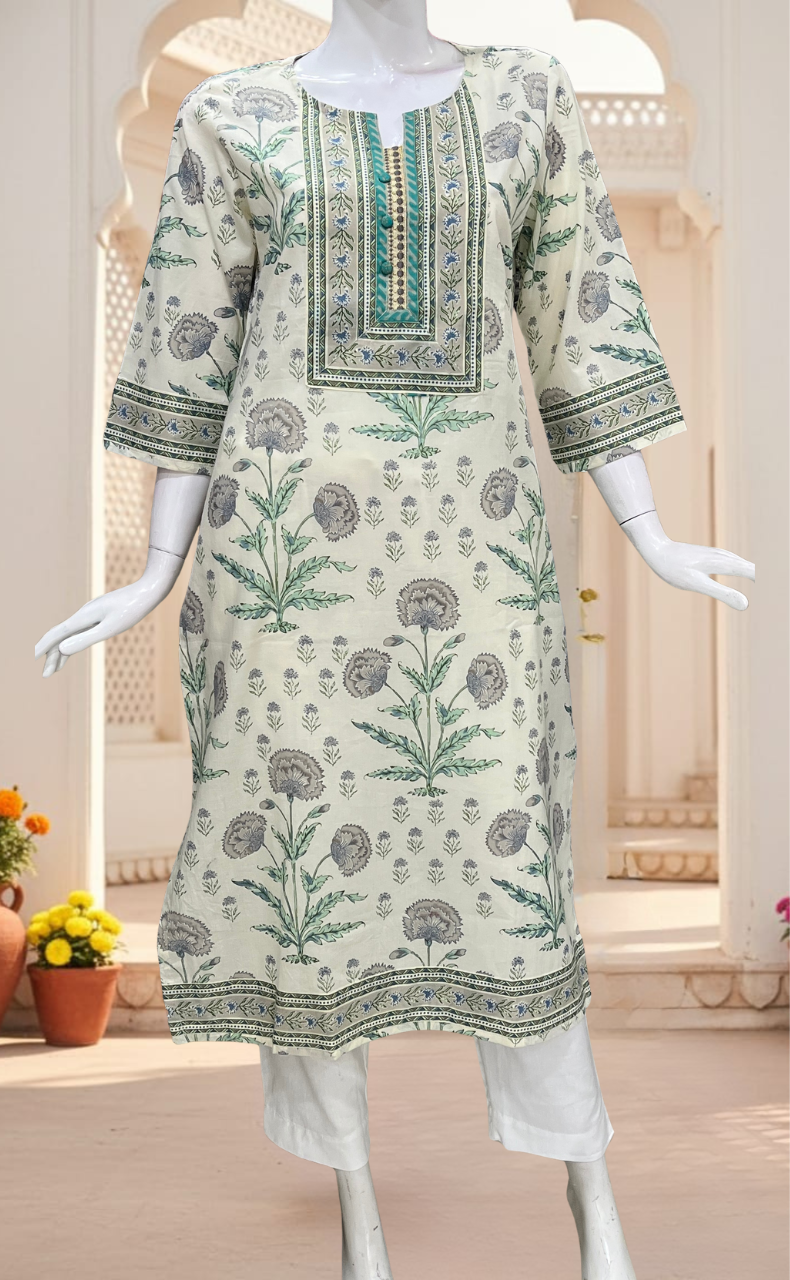 Off White/Green Garden Jaipuri Cotton Kurti. Pure Versatile Cotton. | Laces and Frills