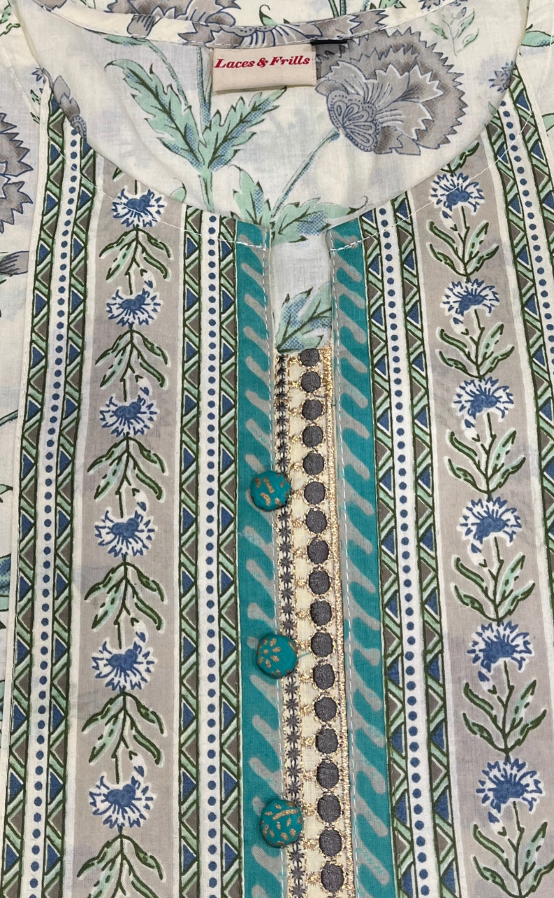Off White/Green Garden Jaipuri Cotton Kurti. Pure Versatile Cotton. | Laces and Frills