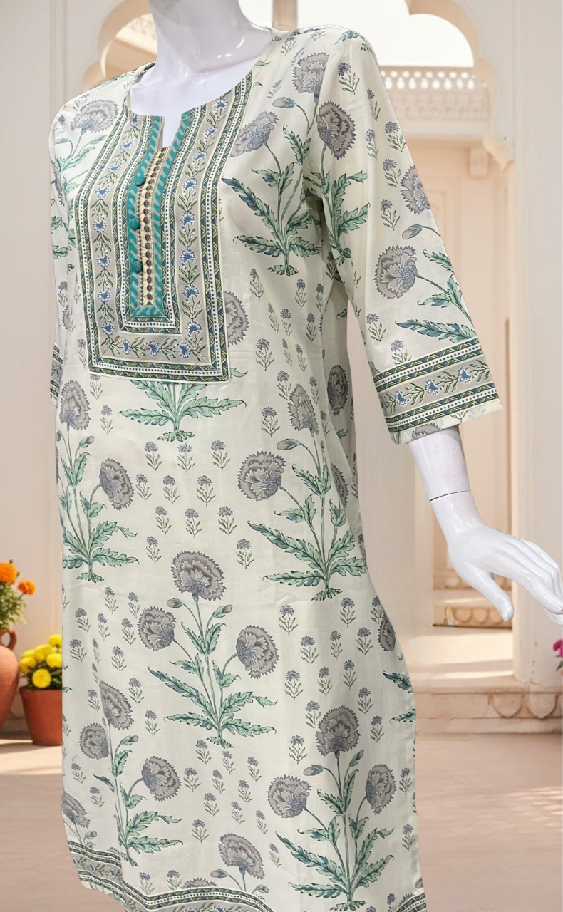 Off White/Green Garden Jaipuri Cotton Kurti. Pure Versatile Cotton. | Laces and Frills