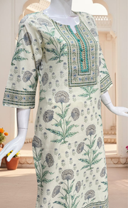 Off White/Green Garden Jaipuri Cotton Kurti. Pure Versatile Cotton. | Laces and Frills