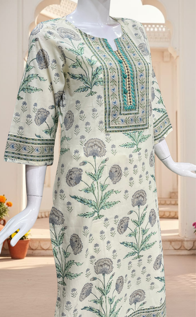 Off White/Green Garden Jaipuri Cotton Kurti. Pure Versatile Cotton. | Laces and Frills