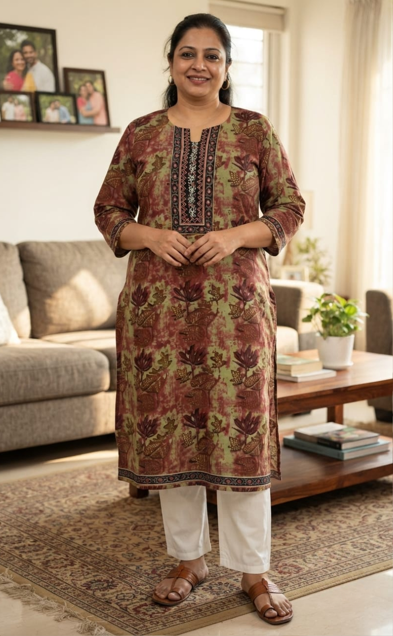 Beige Leafy Jaipuri Cotton Kurti. Pure Versatile Cotton. | Laces and Frills