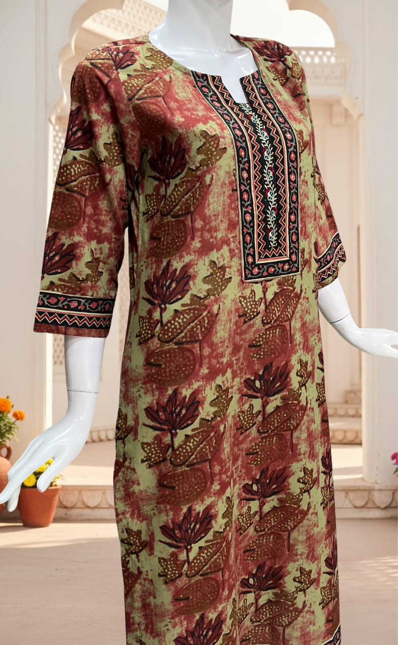 Beige/Maroon Leafy Jaipuri Cotton Kurti. Pure Versatile Cotton. | Laces and Frills