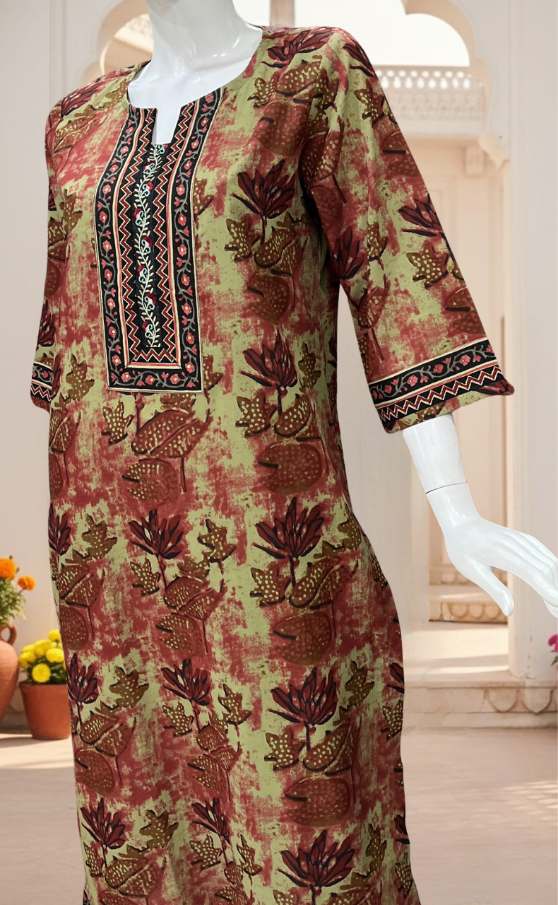 Beige/Maroon Leafy Jaipuri Cotton Kurti. Pure Versatile Cotton. | Laces and Frills