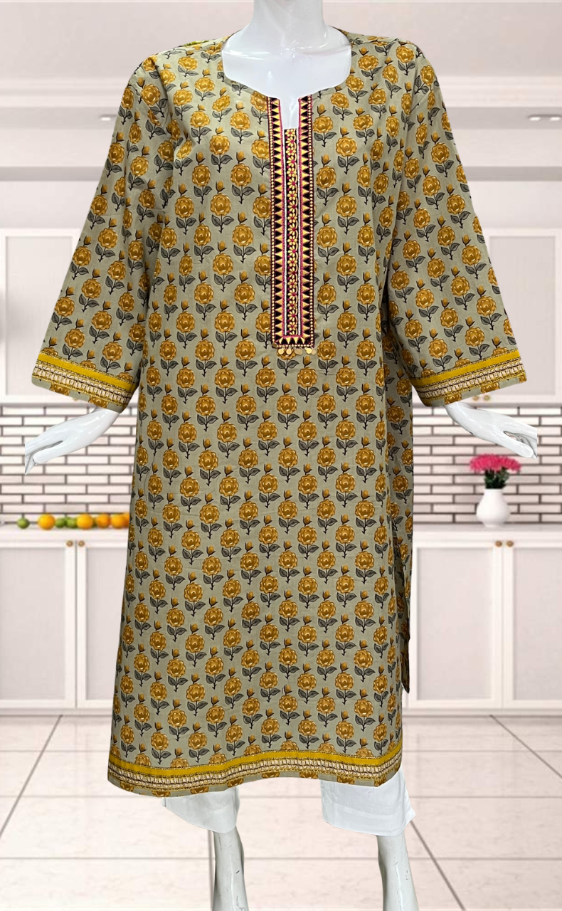 Beige Floral Jaipuri Cotton Kurti. Pure Versatile Cotton. | Laces and Frills