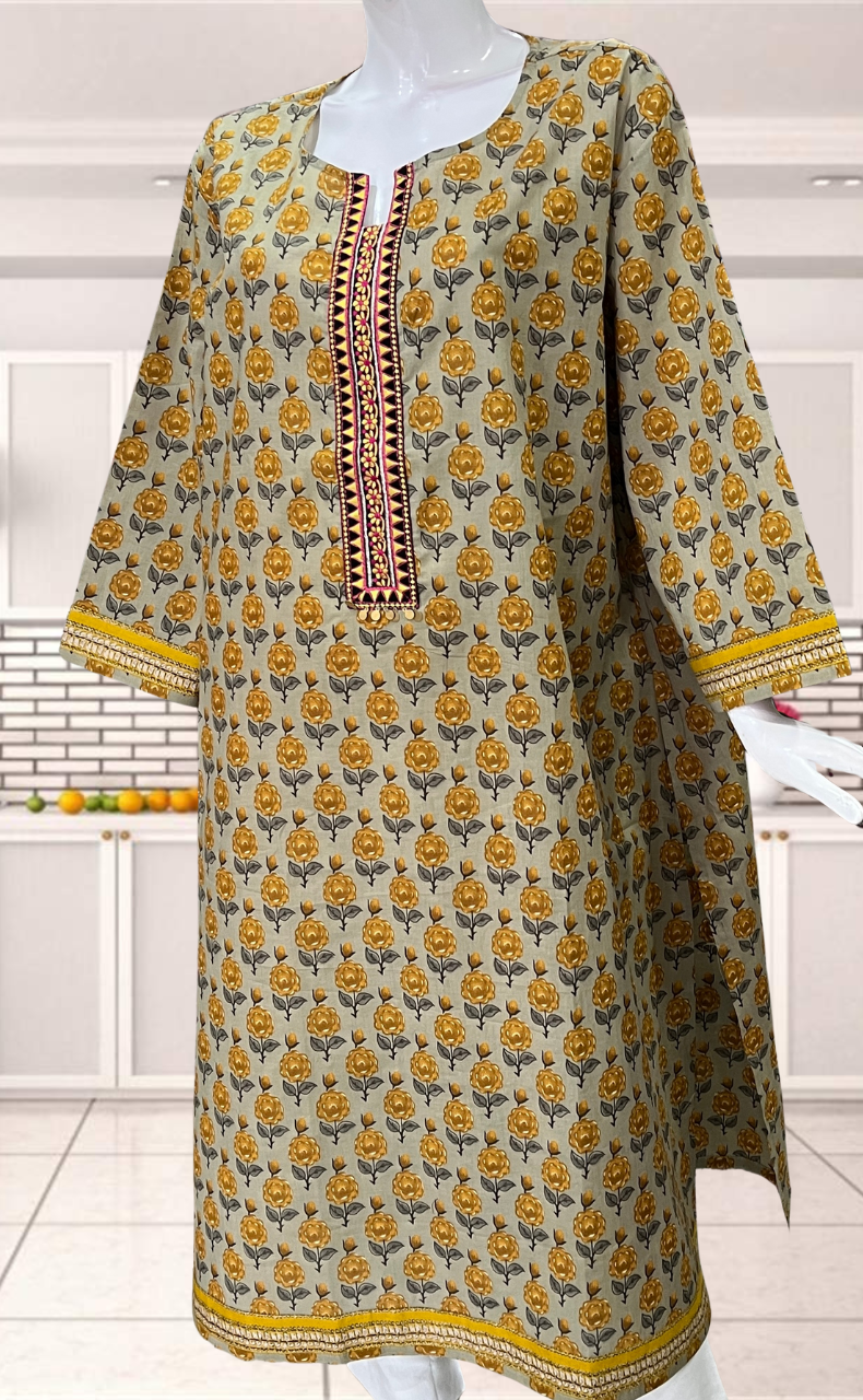 Beige Floral Jaipuri Cotton Kurti. Pure Versatile Cotton. | Laces and Frills